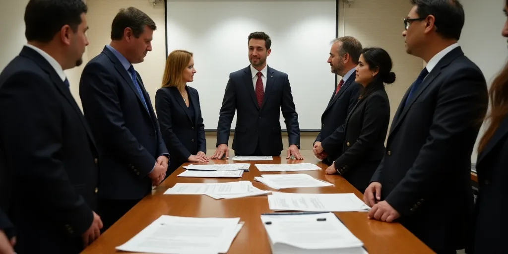 a group of people standing around a table with papers on it and a man in a suit standing behind them
