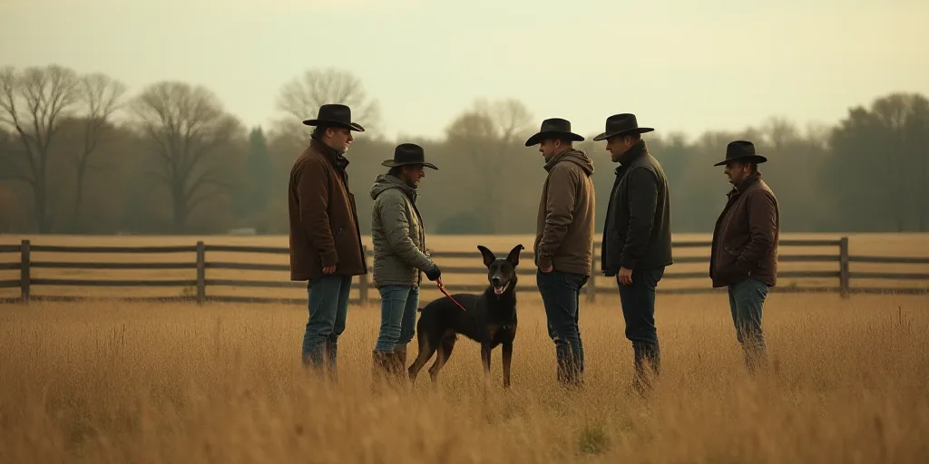 a group of people standing around a dog in a field with a fence in the background and a dog in the f