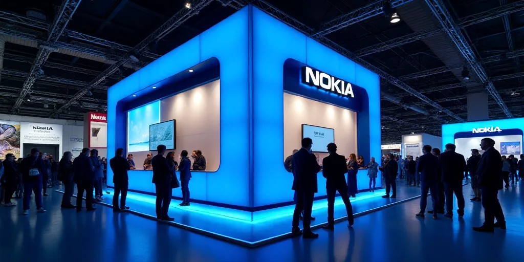 a group of people standing around a booth at a convention or exhibition with a sign that says nokia