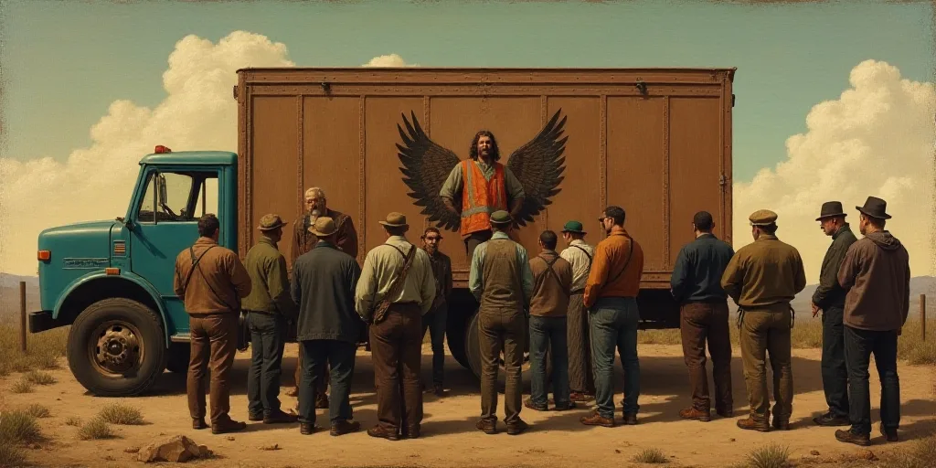 a group of people standing around each other in front of a truck with a man in a vest on it, Estuard