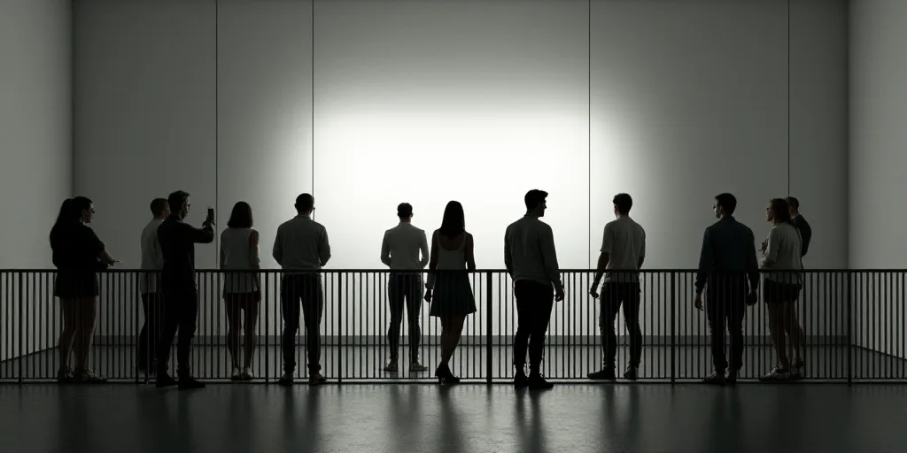 a group of people standing around a room with a sign on the wall and a black fence in front of them,