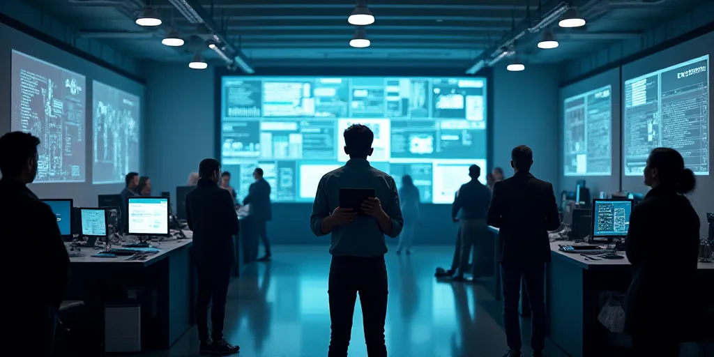 a group of people standing around a room with lots of monitors on it's walls and a man holding a tab