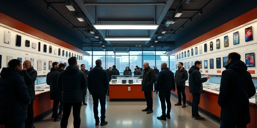 a group of people standing around a store looking at cell phones and electronics on display in a sto