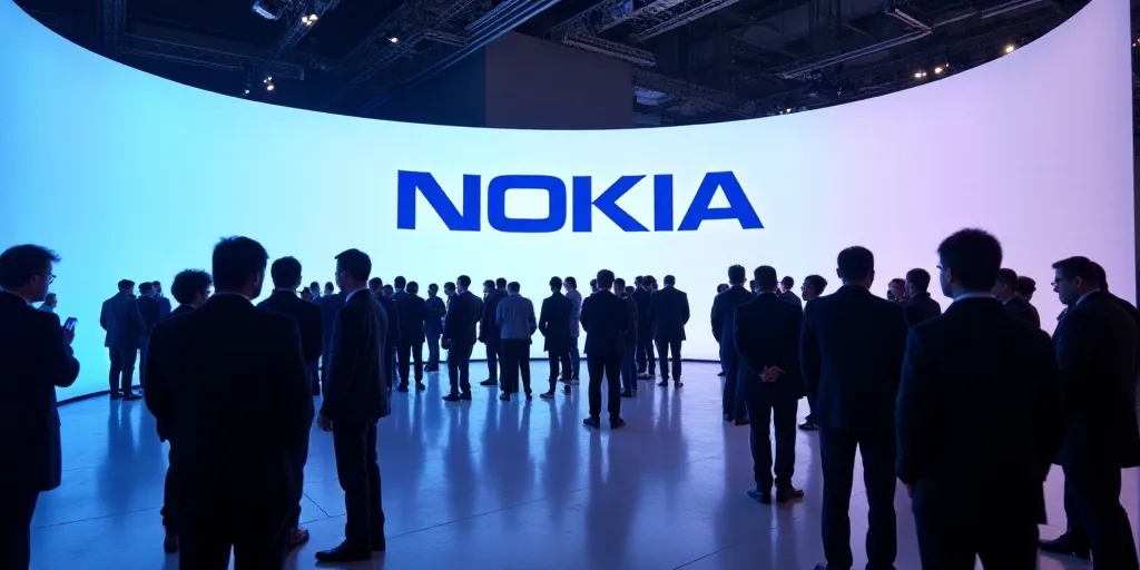 a group of people standing around a booth at a trade show with nokia logo on the wall behind them, C