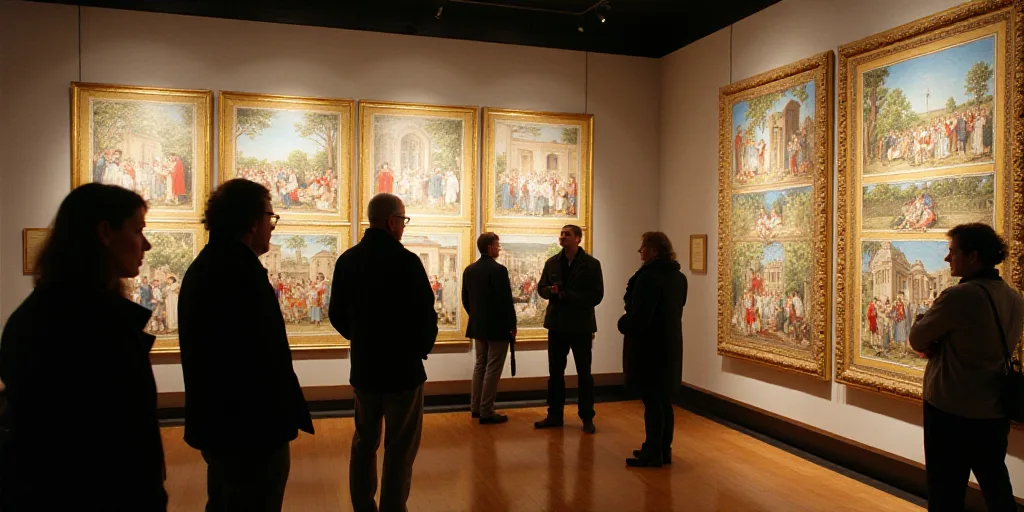 a group of people standing around a museum looking at pictures on display on a wall and a woman stan