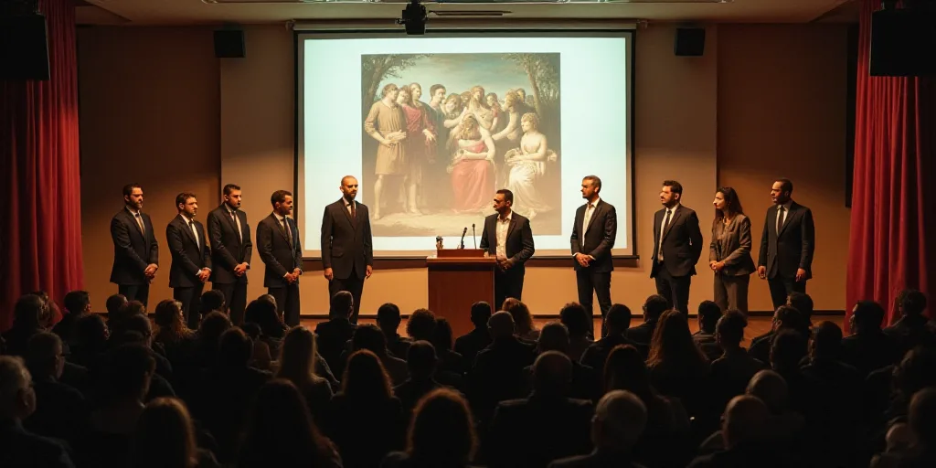 a group of people standing at a podium in front of a screen with a projector screen behind them, Car