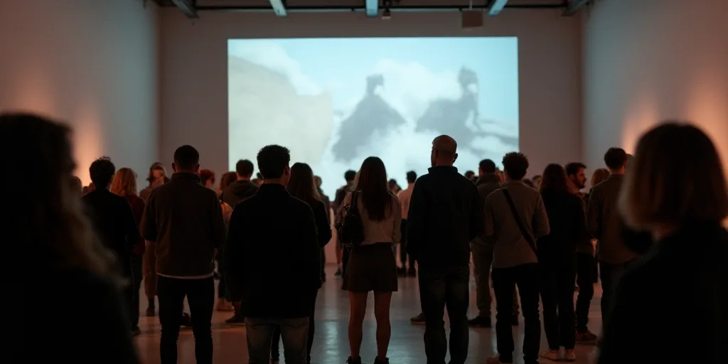 a group of people standing in a room with a projection screen in the background and a crowd of peopl