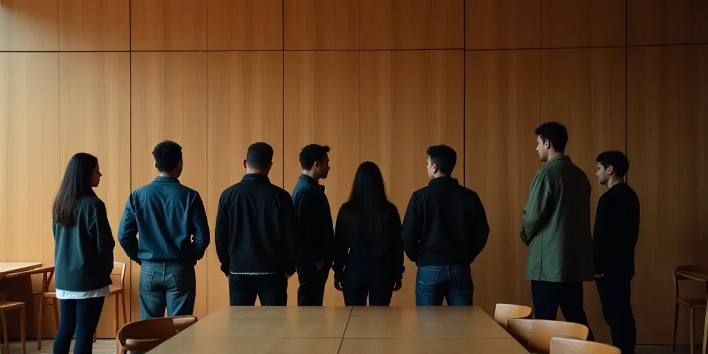 a group of people standing in a room together in front of a wooden wall and a wooden table with chai