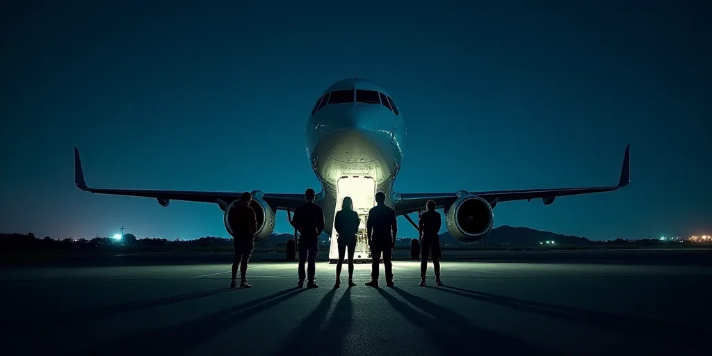 a group of people standing in front of a plane at night time with the door open and the people stand