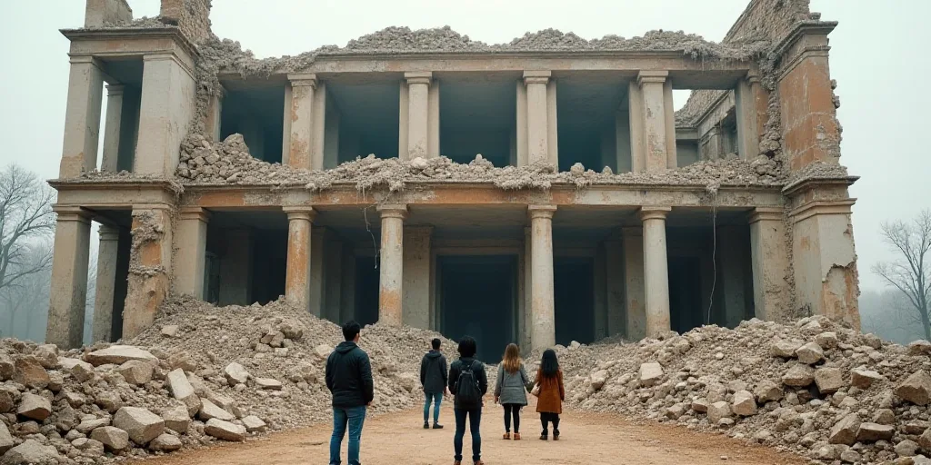 a group of people standing in front of a building that has been demolished and is surrounded by rubb