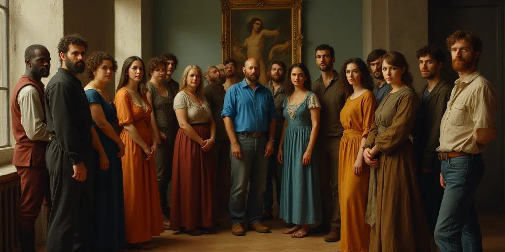 a group of people standing in a room together with a picture on the wall behind them and a man in a