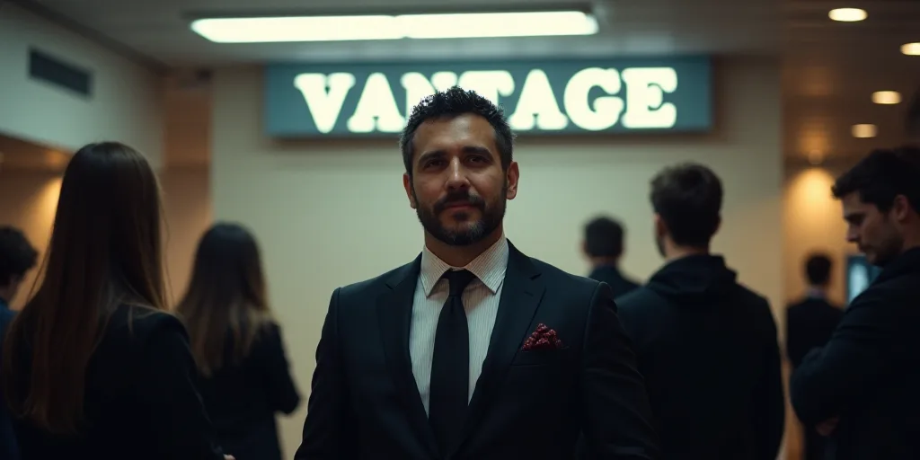 a group of people standing in front of a sign that says vantage on it and a man in a suit and tie, A