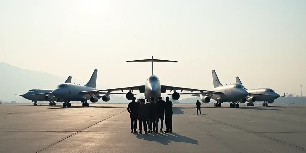 a group of people standing in front of a bunch of planes on a runway with military personnel standin