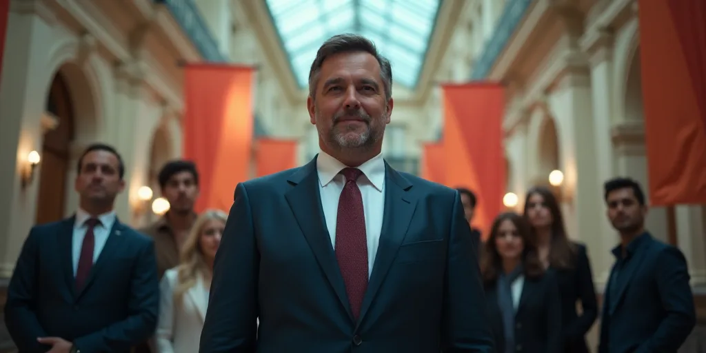 a group of people standing in a building with banners in the background and a man in a suit standing