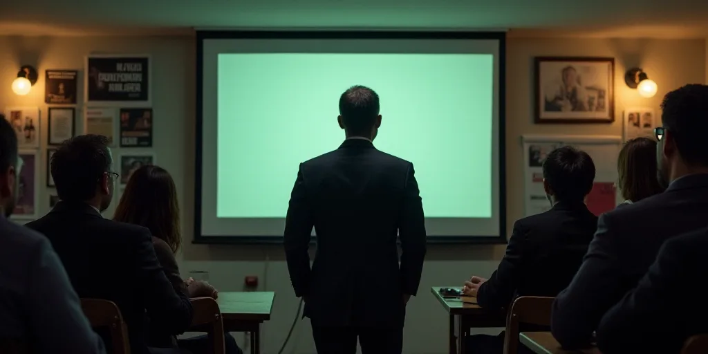 a group of people standing in front of a tv screen in a room with posters on the wall and a man in a