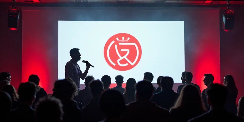 a group of people standing in front of a large screen with a logo on it and a man holding a micropho