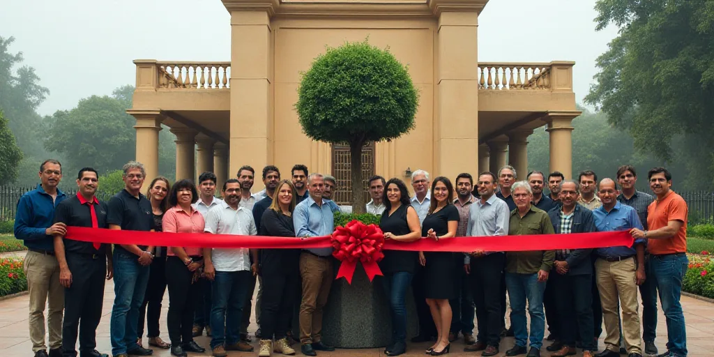a group of people standing in front of a building holding a ribbon with a tree on it and a building