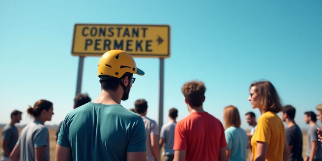 a group of people standing in front of a sign with a helmet on it's head and a blue sky in the backg