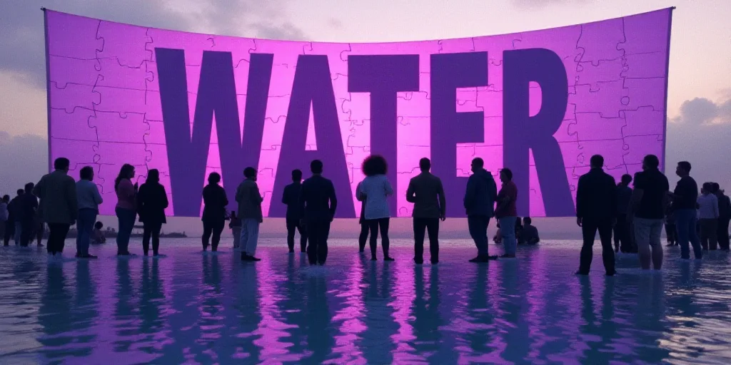 a group of people standing in front of a purple sign with a purple banner behind them and a purple b