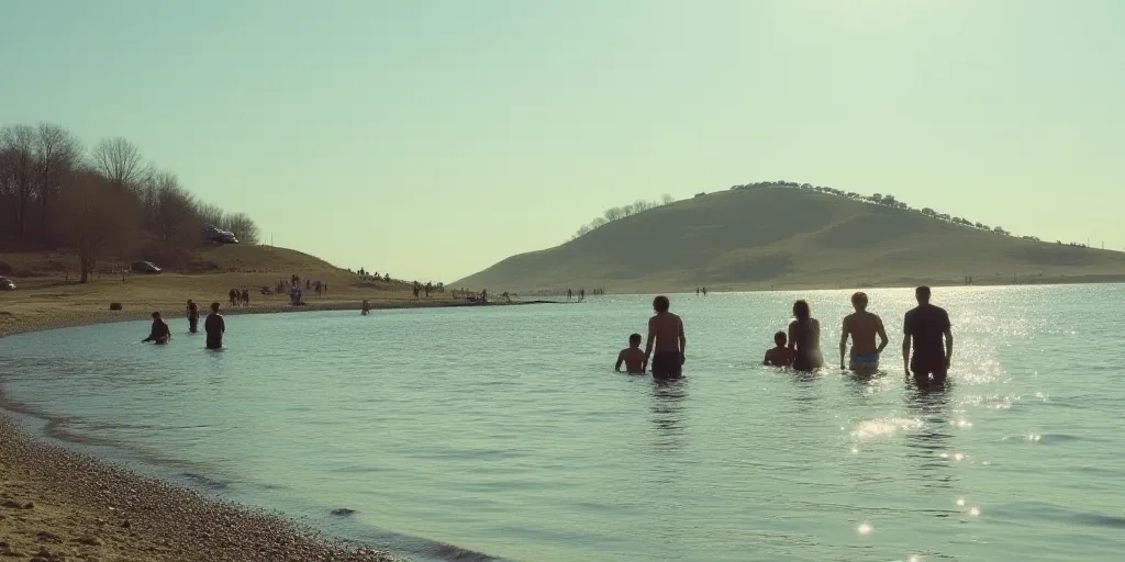 a group of people standing in the water near a hill with a bunch of cars on it and a hill with a bun