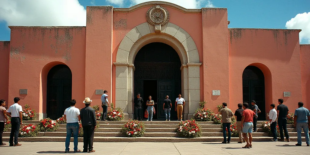 a group of people standing in front of a building with wreaths and flowers on the front of it, David