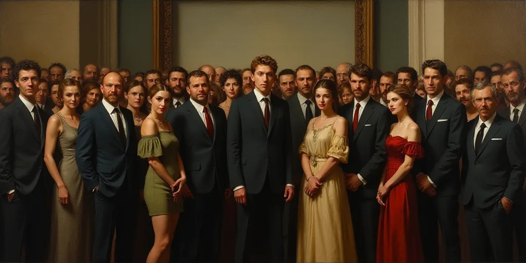 a group of people standing next to each other in front of a crowd of people in suits and ties, Arace