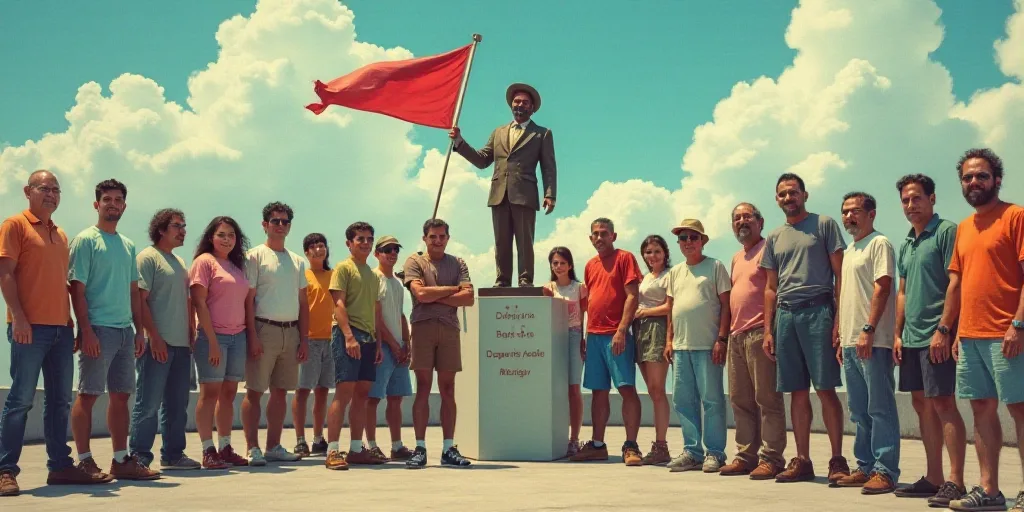 a group of people standing next to each other in a parking lot with a statue of a man holding a flag