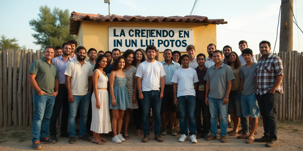 a group of people standing next to each other in front of a sign that says la creciendo en un lui po