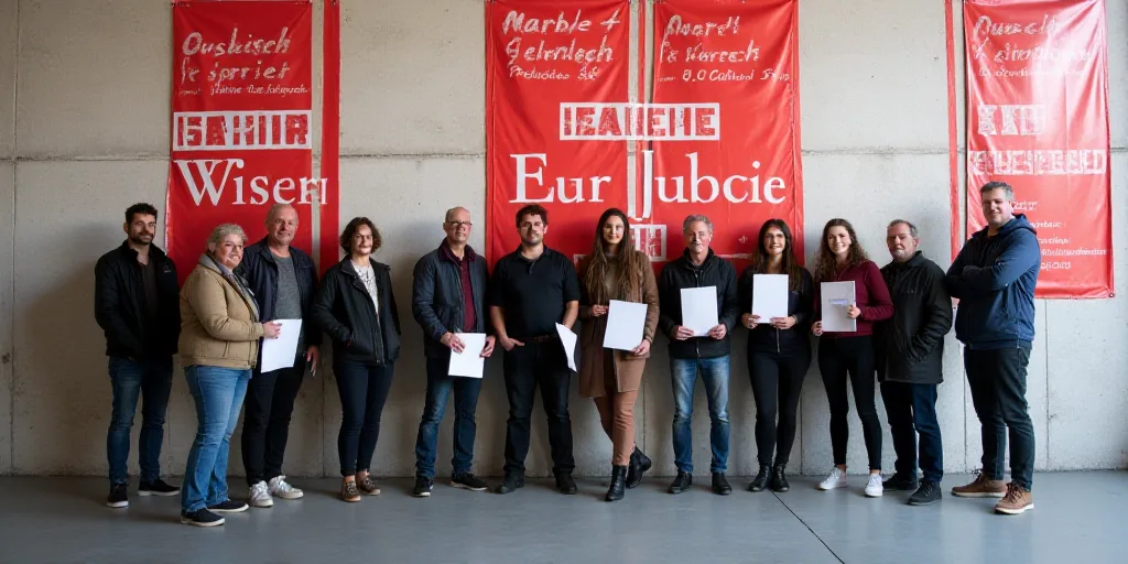 a group of people standing next to each other holding papers in front of a wall with red and white s
