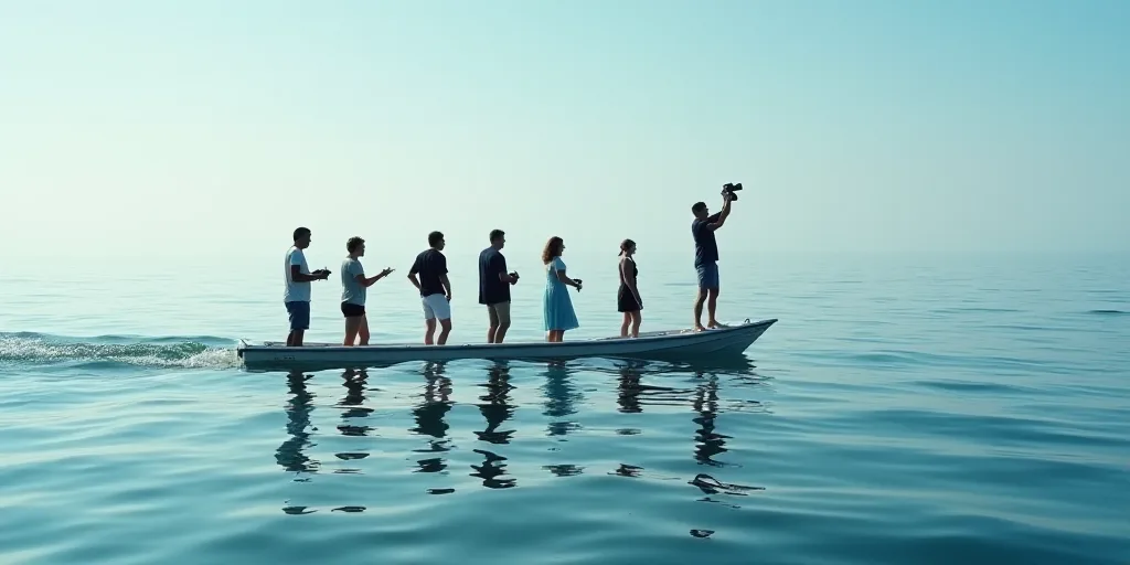 a group of people standing on a boat in the ocean with a cameraman taking pictures of them on the wa