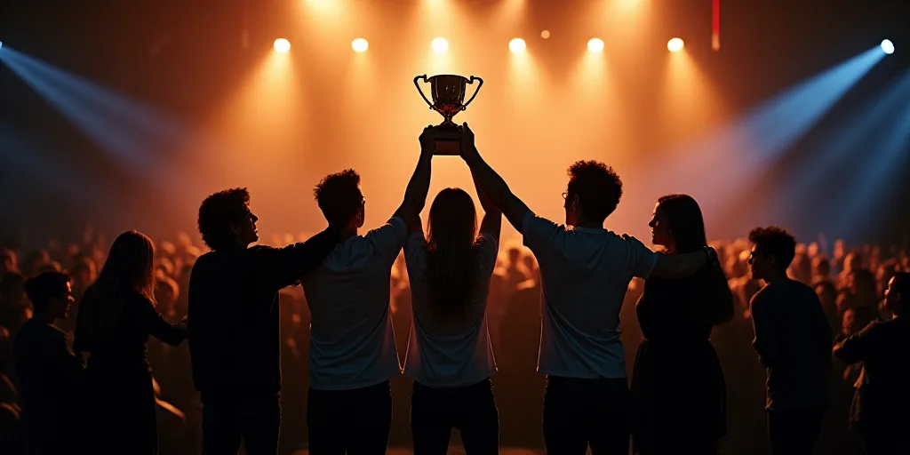 a group of people standing on top of a stage holding up a trophy trophy in front of them on a stage,