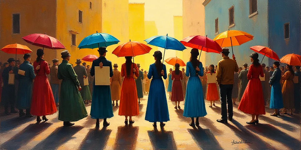 a group of people standing on a street holding umbrellas in the sun and wearing colorful hats and ho