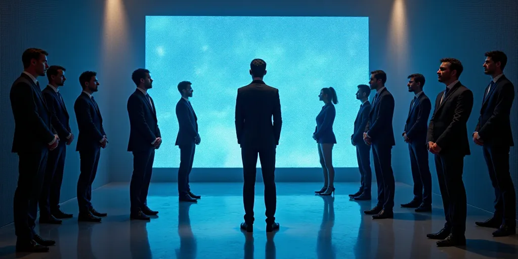 a group of people standing on a stage with a backdrop behind them and a man in a suit and tie, Aquir