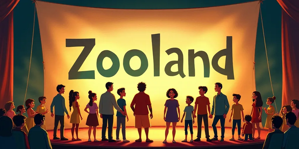 a group of people standing on a stage with a sign behind them that says zooland on it and a large ba