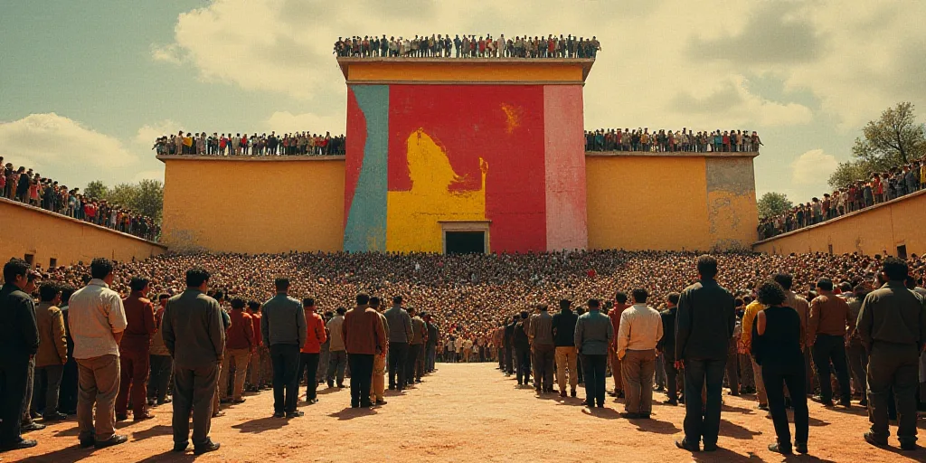 a group of people standing on a stage in front of a building with a crowd of people standing on it,