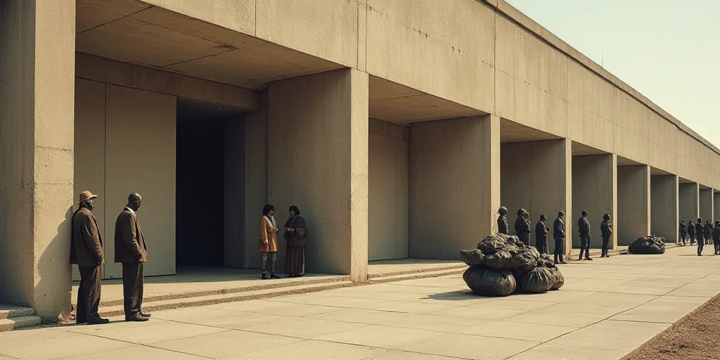 a group of people standing outside of a building with a bunch of doors on the side of it and a bunch