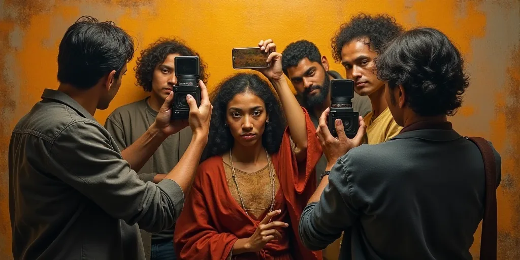 a group of people taking a picture with a cell phone in front of them with a camera and a cell phone