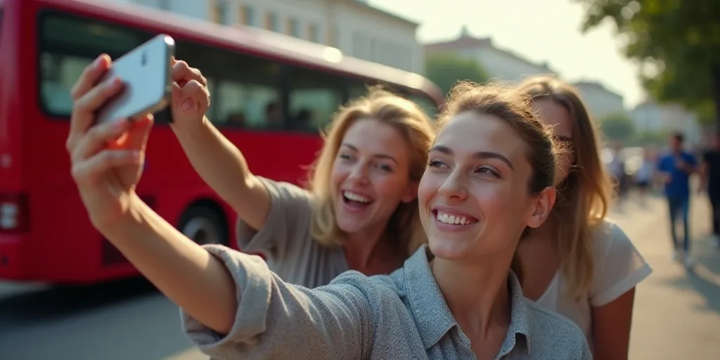 a group of people taking a picture with a red bus in the background and a woman taking a picture, Ce