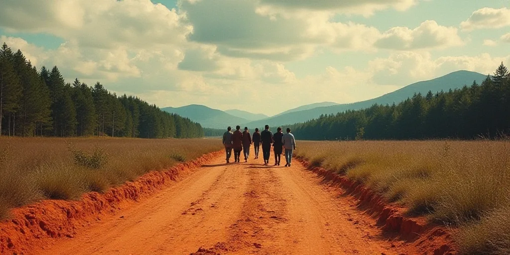 a group of people walking across a dirt field next to a forest filled with trees and mountains in th