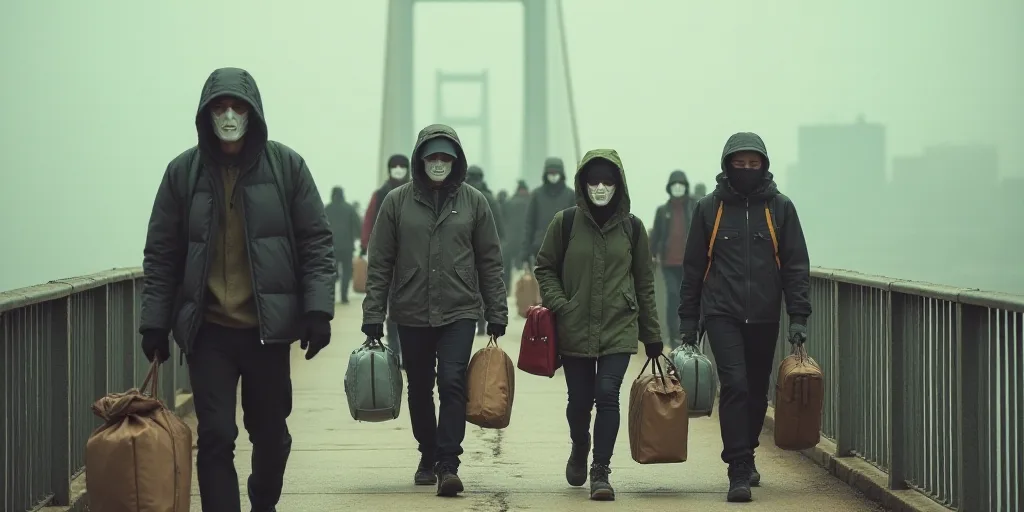 a group of people walking across a bridge wearing masks and carrying bags of luggage and bags of foo