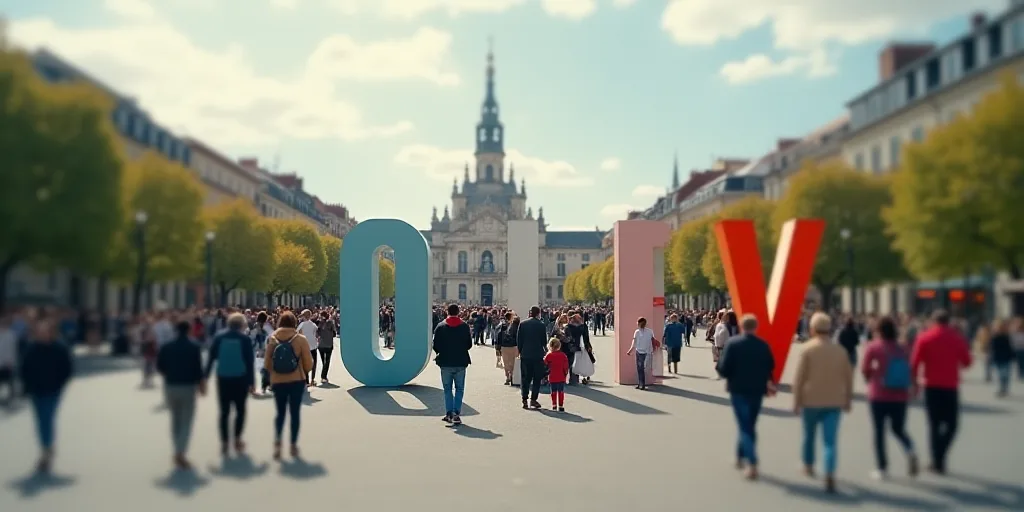 a group of people walking around a city square with a sign that says orleans on it's side, Ceferí O