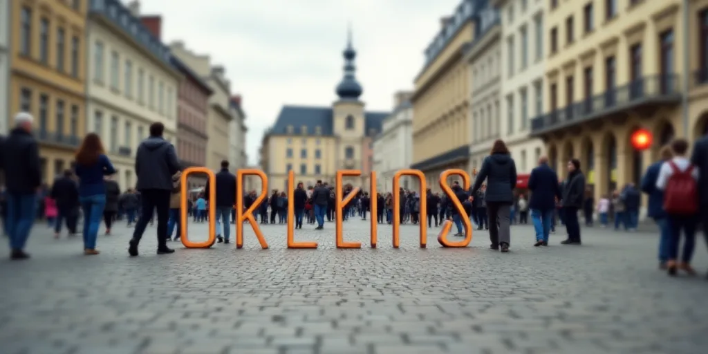 a group of people walking around a city square with a sign that says orleans on it's side, Ceferí O