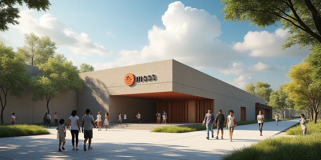 a group of people walking around a building with a sign that says msss on it's front, Aníbal Villac