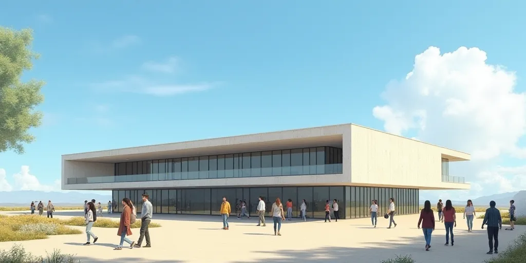 a group of people walking around a building with a sky background and a blue sky in the background w