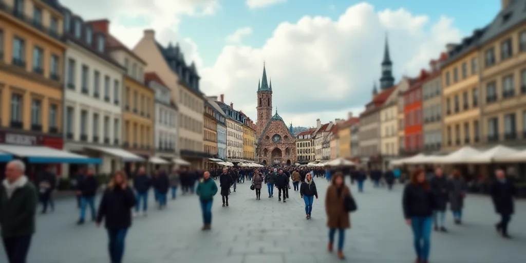 a group of people walking around a city square with a sign that says orleans on it's side, Ceferí O