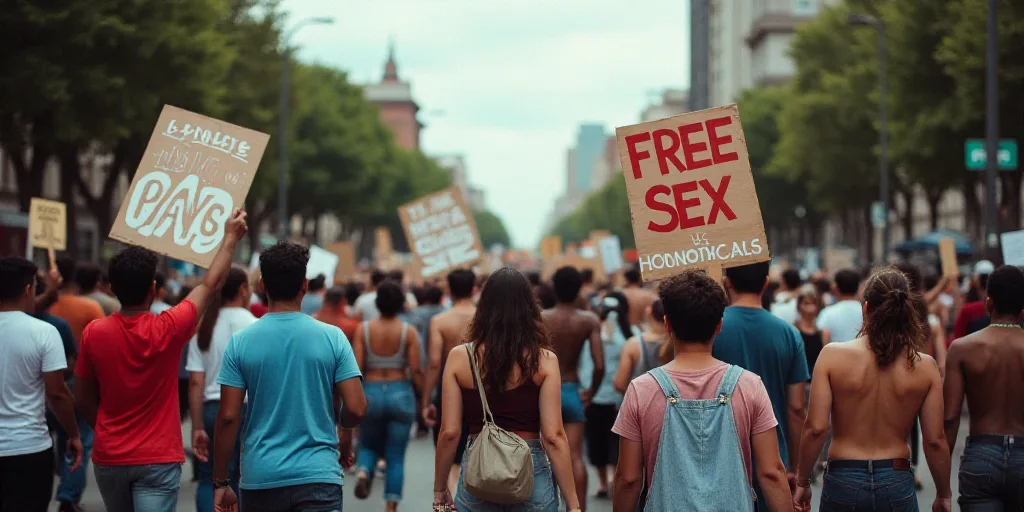 a group of people walking down a street holding signs that read free sex and homosexuality and not g