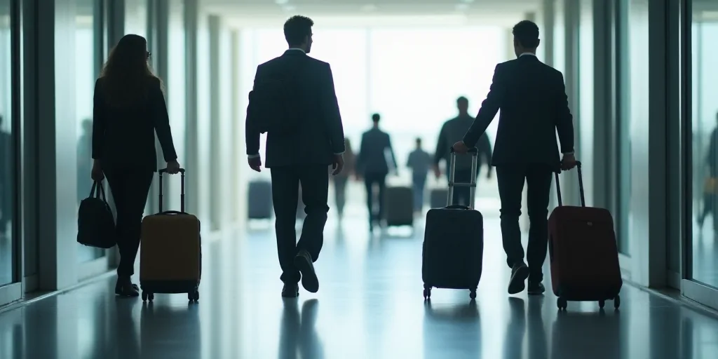 a group of people walking down a hallway with luggage on wheels and a man with a backpack on his sho