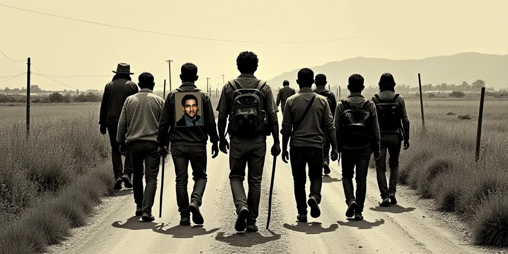 a group of people walking down a dirt road with a stick in their hand and a picture of a man on the