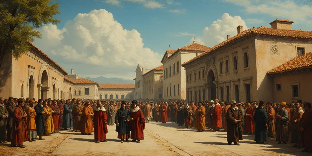 a group of people walking down a street next to a crowd of people standing around a building with a