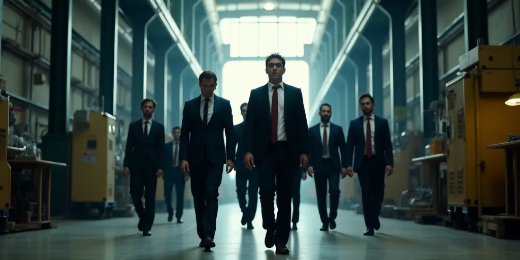 a group of people walking down a walkway in a factory together, some of them are wearing suits and t